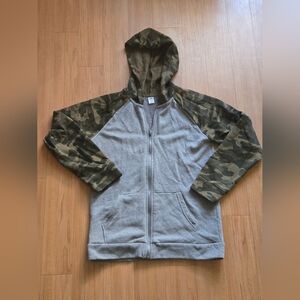 Old Navy Boys Hoodie – Size XL | Gray Zip-Up with Camo Sleeves